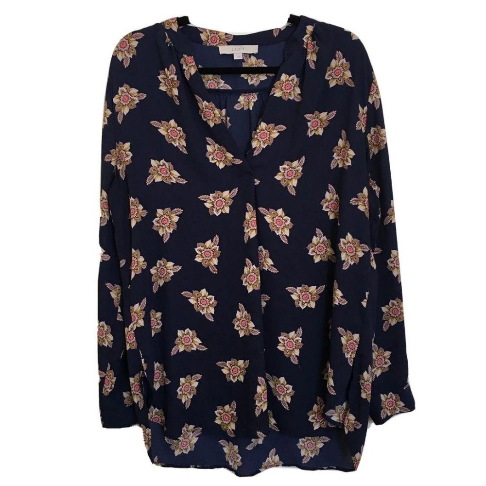 LOFT navy floral print long sleeve blouse Q17 - Picture 1 of 4